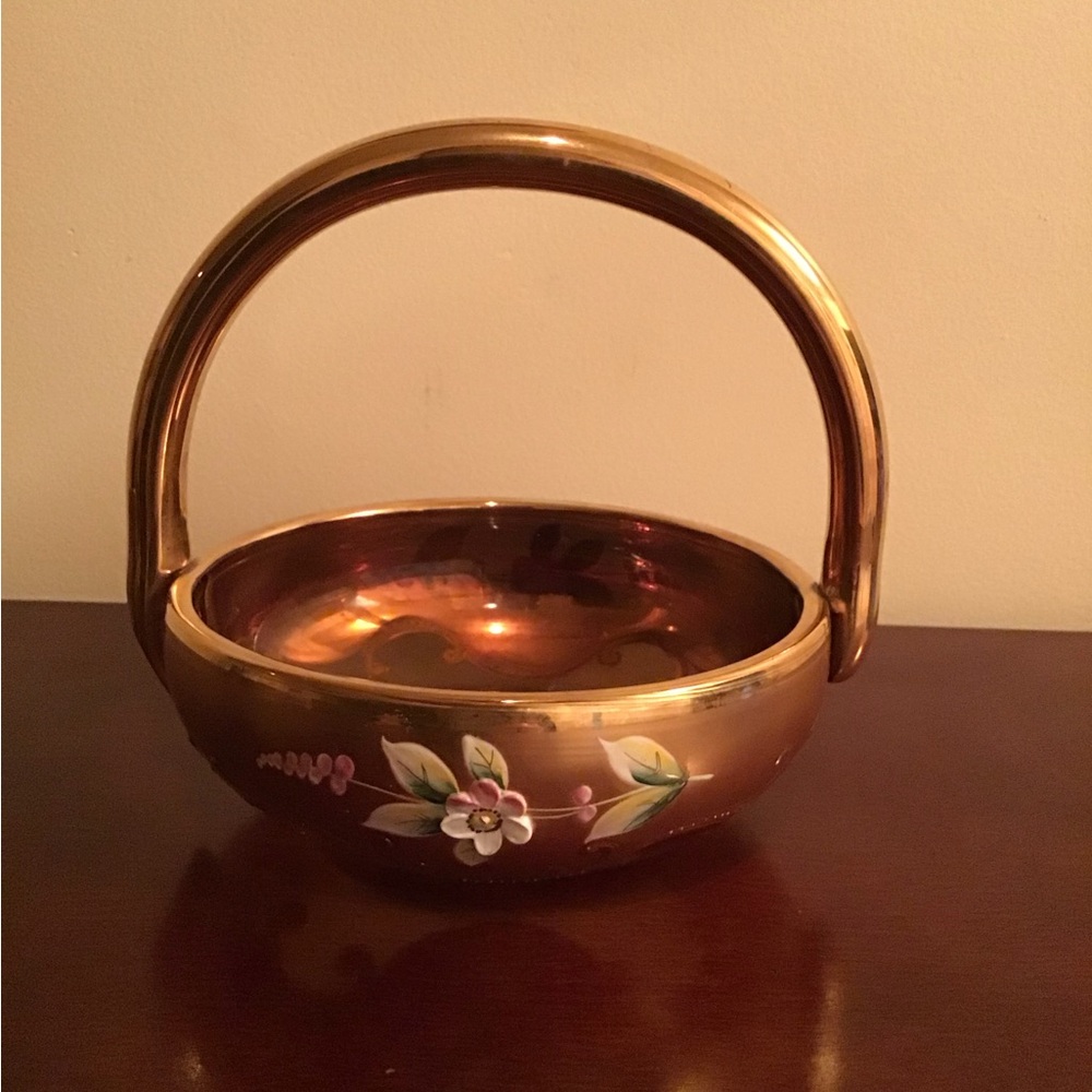 VINTAGE CZECH BOHEMIAN GLASS HANDLE BOWL EUC TOPAZ COLOR GLASS BEAUTY